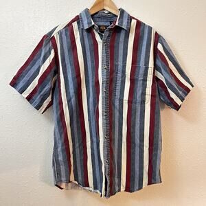 Vintage Route 66 Mens Medium Striped Short Sleeve Button-Up Shirt Blue/Red/White